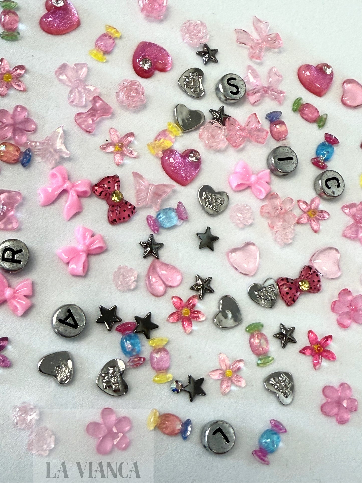 THE PINKS Resin Kawaii Assorted Mix Bows, Flowers, Silver Hearts & More