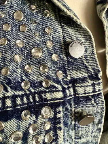 Alice + Olivia Chloe Rhinestone Studded Denim Jacket Sz Small NWT 80’s Stonewash