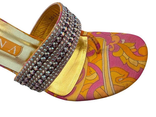 GINA London Vintage Rhinestone Thong Paisley Orange Heels Sandals Sz UK 6 USA 8