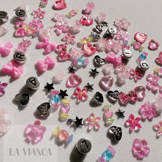 THE PINKS Resin Kawaii Assorted Mix Bows, Flowers, Silver Hearts & More