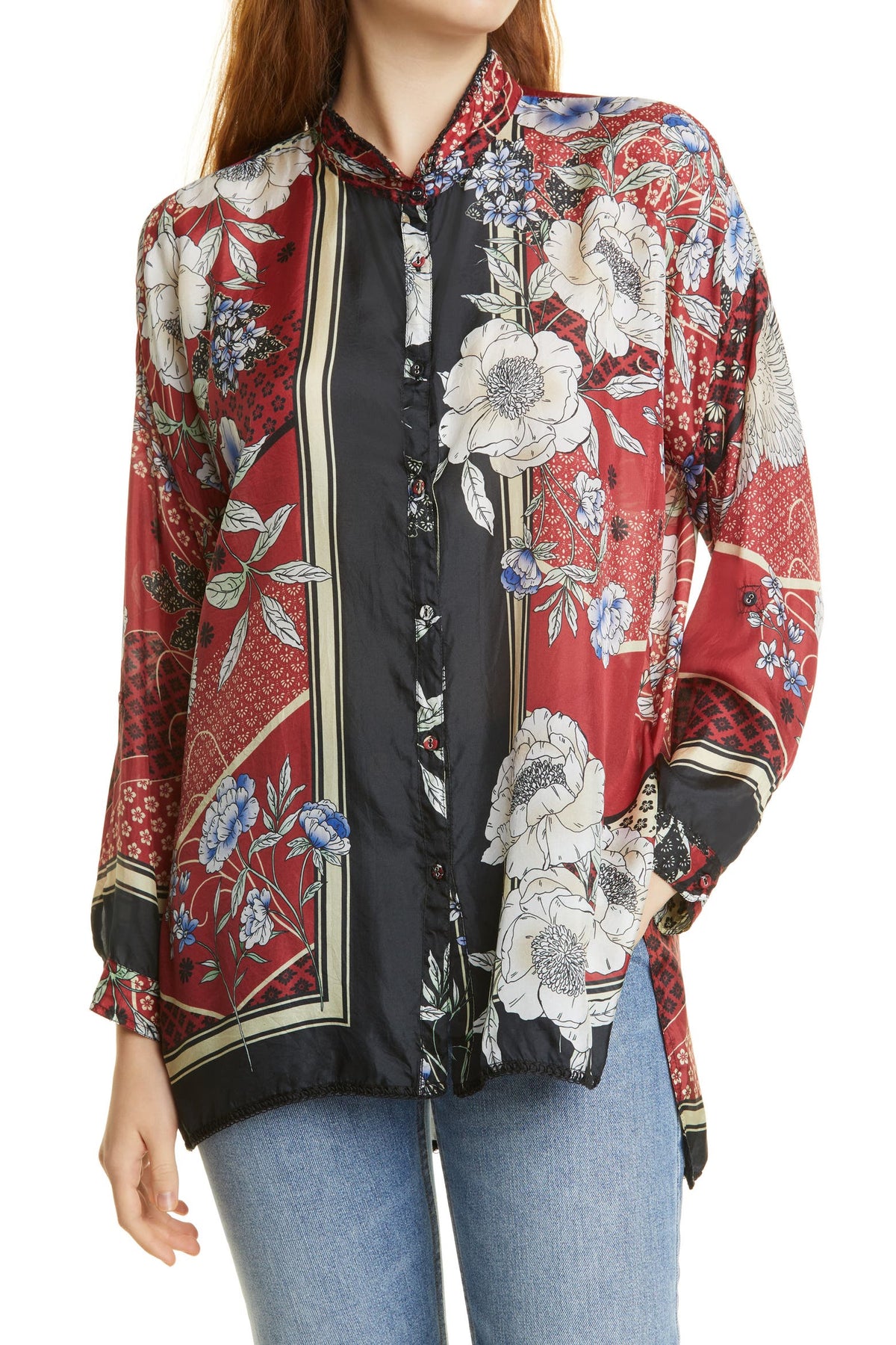 Johnny Was Crane Mallory Mix Print Silk Blouse Top Sz Small