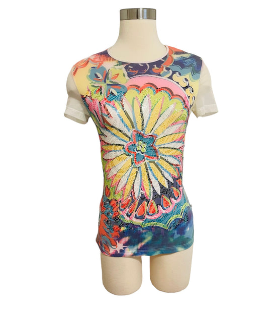 Gianfranco Ferre Vintage 90s Sequin Floral Mesh Top White Italy Designer SZ SMALL