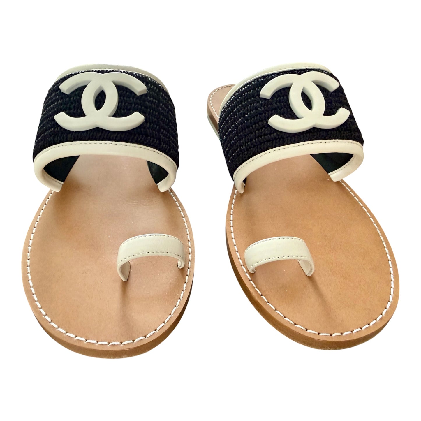 CHANEL 2026 CC Logo White/Black Raffia Leather Toe Ring Sandals Sz 38