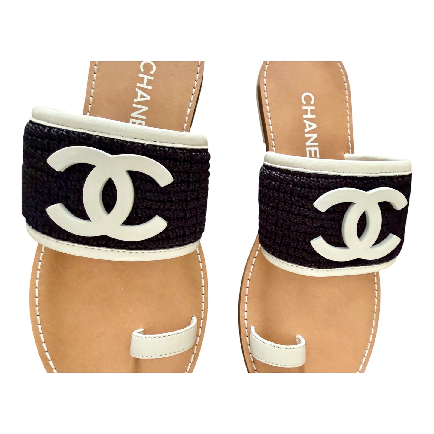 CHANEL 2026 CC Logo White/Black Raffia Leather Toe Ring Sandals Sz 38