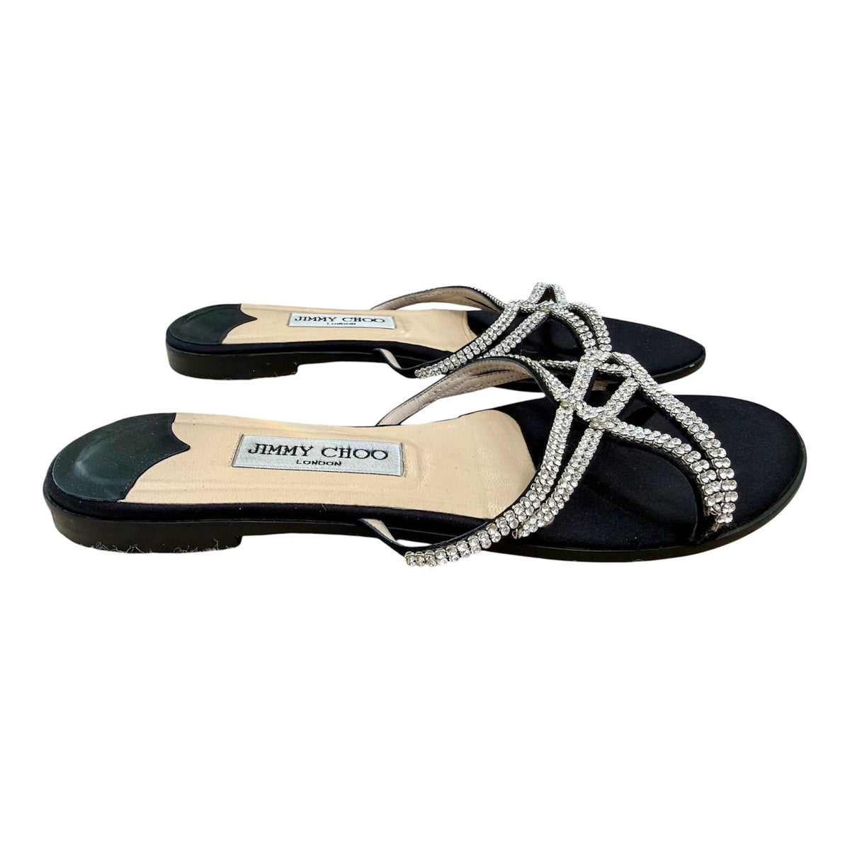 Jimmy Choo Vintage Black Satin Star Crystal Thong Sandals Sz 8/39