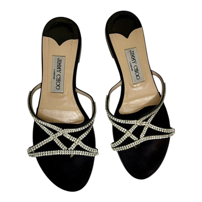 Jimmy Choo Vintage Black Satin Star Crystal Thong Sandals Sz 8/39