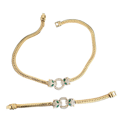 VTG 1980s Panther Rhinestone Parure Set Omega Necklace Bracelet