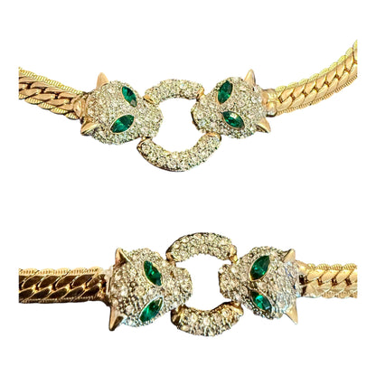 VTG 1980s Panther Rhinestone Parure Set Omega Necklace Bracelet