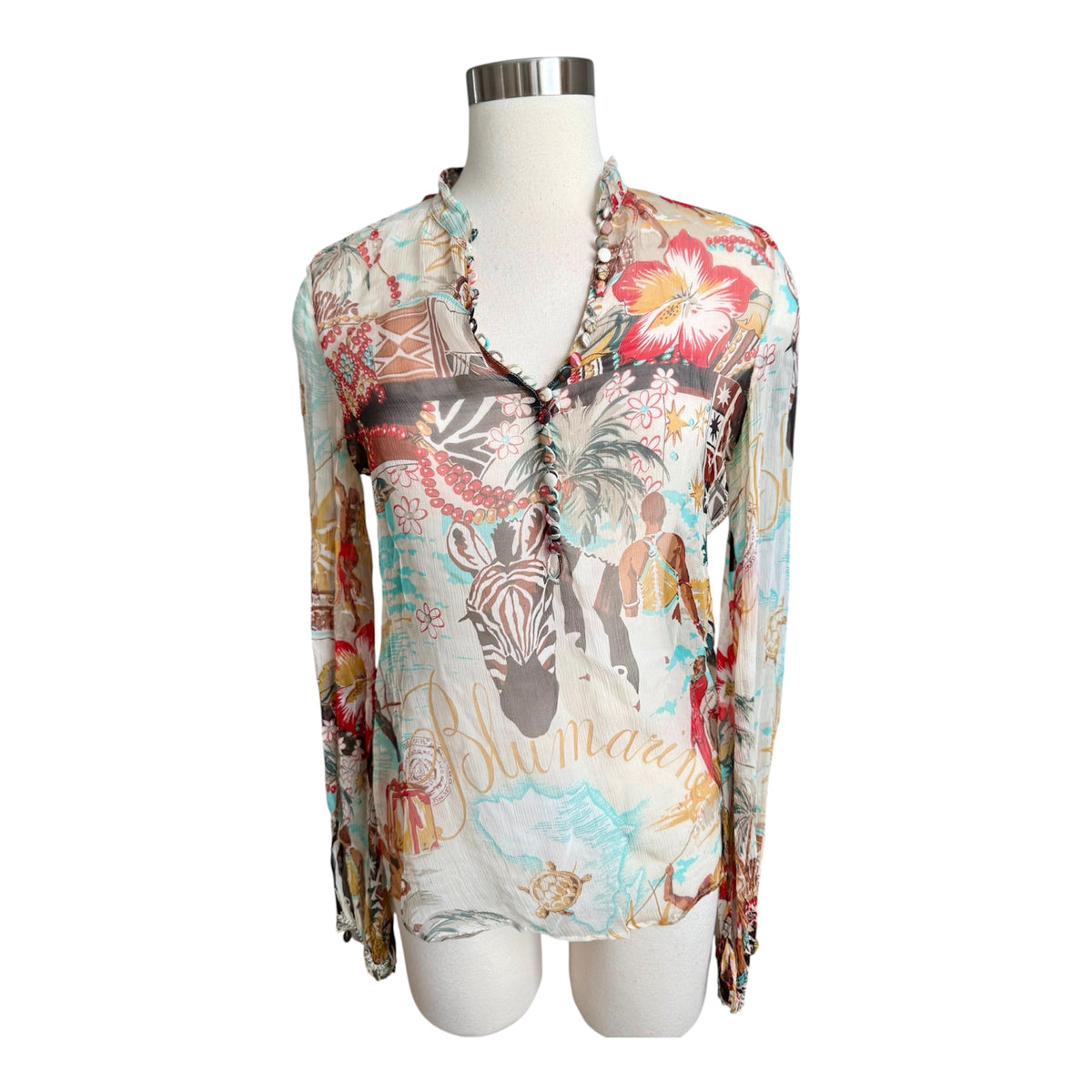 Blumarine Silk Tunic Top Zebra African Safari Semi Sheer Blouse Sz 42
