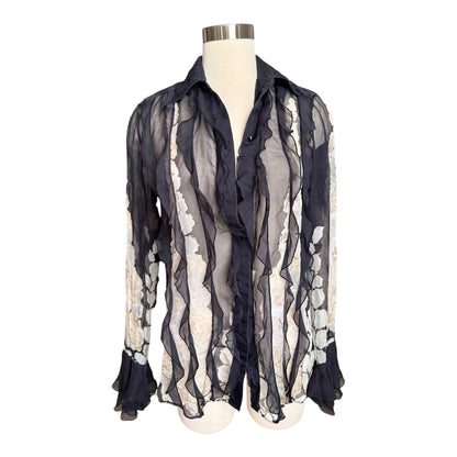 Blumarine Romantic Ruffle Floral Semi Sheer Silk Blouse Sz 42