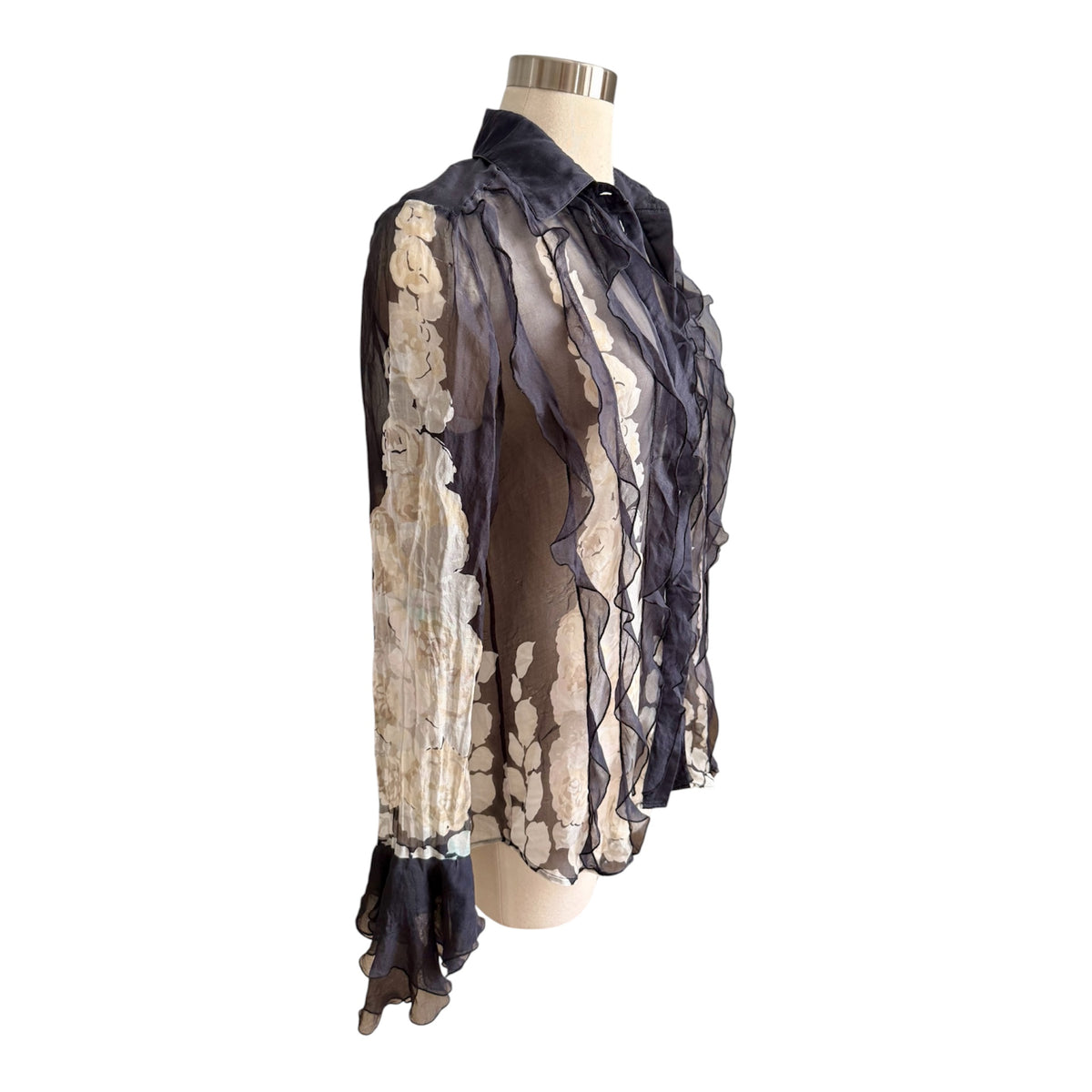 Blumarine Romantic Ruffle Floral Semi Sheer Silk Blouse Sz 42