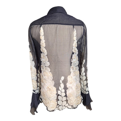 Blumarine Romantic Ruffle Floral Semi Sheer Silk Blouse Sz 42