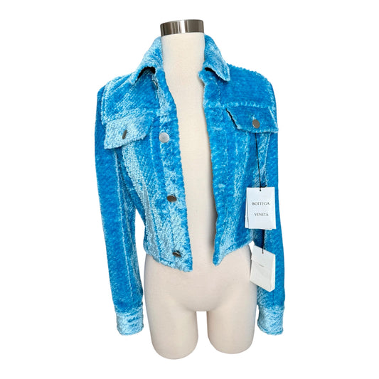 Bottega Veneta Blue Cropped Slim Fit Chenille Twill Trucker Jacket Sz 38