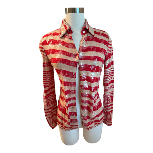 MISSONI Vintage 2000 Sequin Red / Tan Striped Top Shirt Sz 40