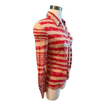 MISSONI Vintage 2000 Sequin Red / Tan Striped Top Shirt Sz 40