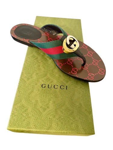Gucci Kika GG Web Stripe Thong Sandals Sz 37.5
