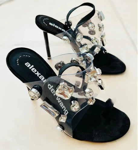 ALEXANDER WANG Kaia Heels Sandals Shoe PVC Clear Crystal Heels Sz 38 W/Box