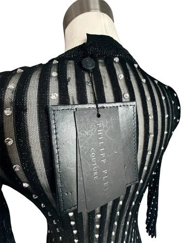 Philipp Plein Couture Mesh Striped Crystal Body Con Knit Dress Sz XS
