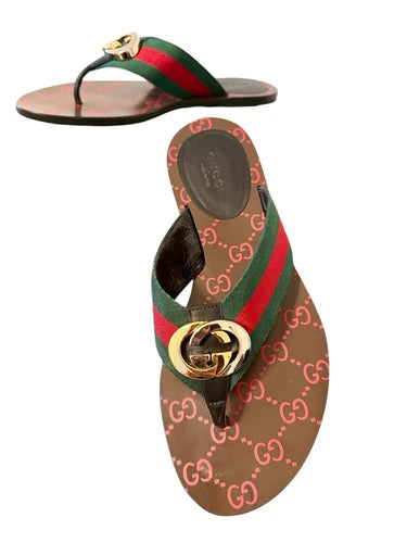 Gucci Kika GG Web Stripe Thong Sandals Sz 37.5