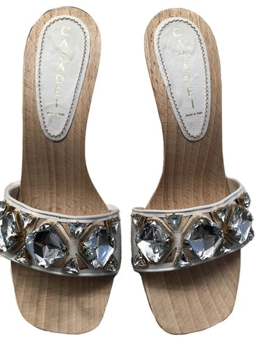 Casadei Wooden White Platform Crystal Heels Sz 8