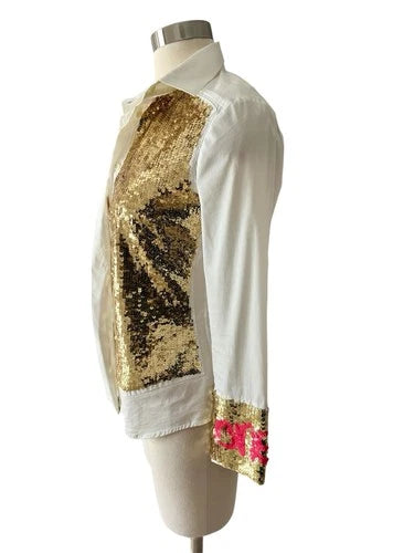 Who's Who One Gold Sequin Shirt Y2K Glam Button Blouse Sz Med Who’s Who Italy