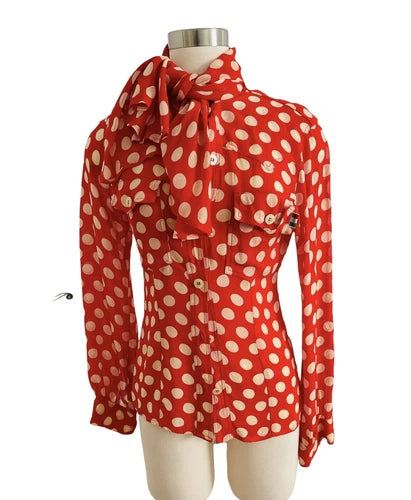 Moschino Jeans Vintage Red Polka Dot Scarf Cape Button Shirt Sz Small