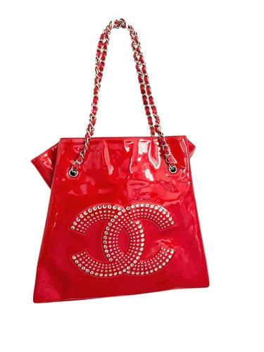 Chanel Bon Bon Patent Leather Red Crystal Strass Tote Bag