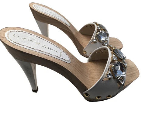 Casadei Wooden White Platform Crystal Heels Sz 8