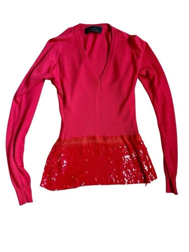 HAUTE VINCENZO DE COTIIS Italy Red V Neck Sequin Hem Knit Sweater Top Luxury