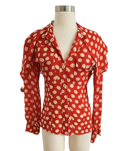 Moschino Jeans Vintage Red Polka Dot Scarf Cape Button Shirt Sz Small
