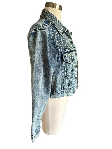 Alice + Olivia Chloe Rhinestone Studded Denim Jacket Sz Small NWT 80’s Stonewash