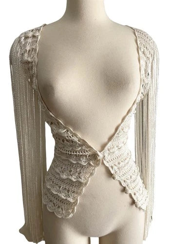 Julien Macdonald Rare Runway Crochet Fringe Sleeve Cardigan Top Sz XS Vintage