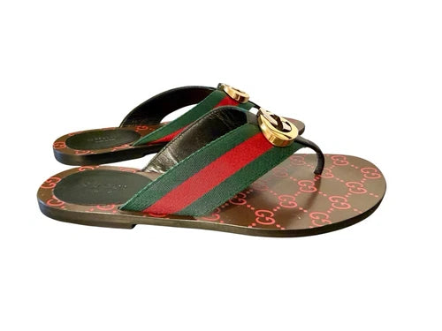 Gucci Kika GG Web Stripe Thong Sandals Sz 37.5