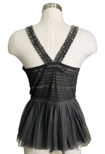 Hoss Intropia Gray Detailed Sleeveless Ruffle Shirt Top Size Med