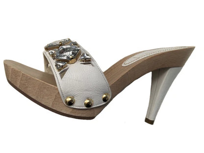 Casadei Wooden White Platform Crystal Heels Sz 8