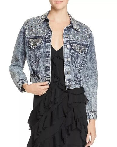 Alice + Olivia Chloe Rhinestone Studded Denim Jacket Sz Small NWT 80’s Stonewash