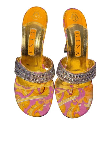 GINA London Vintage Rhinestone Thong Paisley Orange Heels Sandals Sz UK 6 USA 8