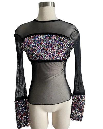 Vintage DEBY DEBO Paris Black Mesh Multicolored Sequin Shirt Top Sz Small