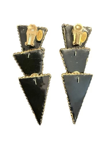 Richard Kerr Swarovski Crystal Gold Rhinestone Drop Dangle Triangle Earrings Vtg