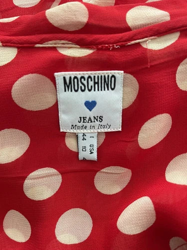 Moschino Jeans Vintage Red Polka Dot Scarf Cape Button Shirt Sz Small