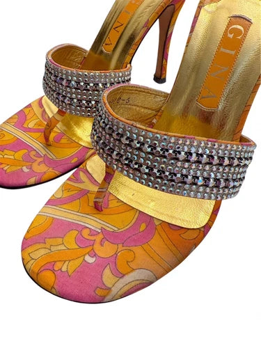 GINA London Vintage Rhinestone Thong Paisley Orange Heels Sandals Sz UK 6 USA 8