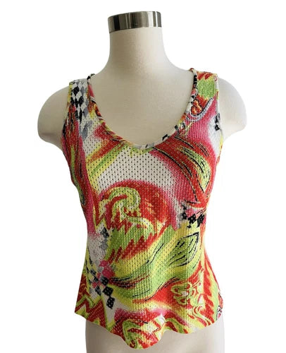 Escada Graffiti Mesh Colorful Knit Printed Tank Top Vintage Sz 36