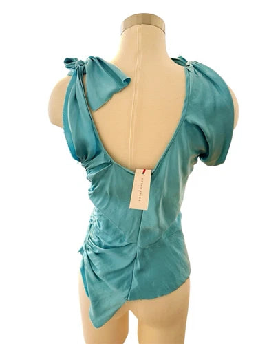 Brian Dales Blue Silk Hand Sewn Asymmetrical Top NWT