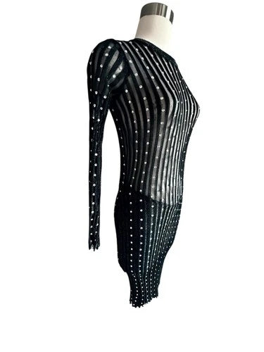 Philipp Plein Couture Mesh Striped Crystal Body Con Knit Dress Sz XS