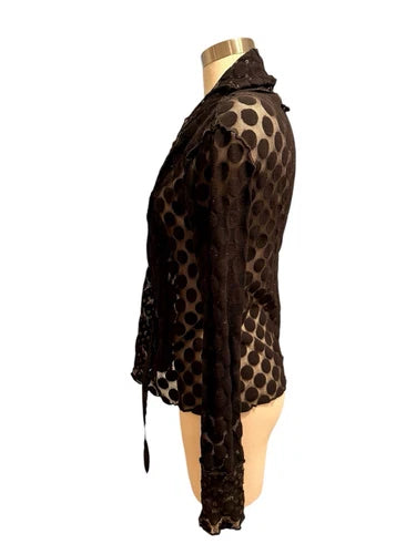 Jean Paul Gaultier Black Polka Dots Sequin Mesh Tie Top Shirt Sz Small