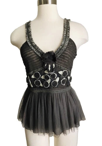 Hoss Intropia Gray Detailed Sleeveless Ruffle Shirt Top Size Med