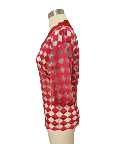Jonathan Saunders 2014 Runway Pink Sheer Diamond Checker Shirt Top Sz 34