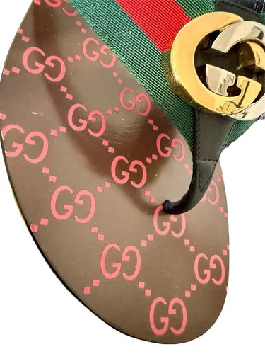 Gucci Kika GG Web Stripe Thong Sandals Sz 37.5