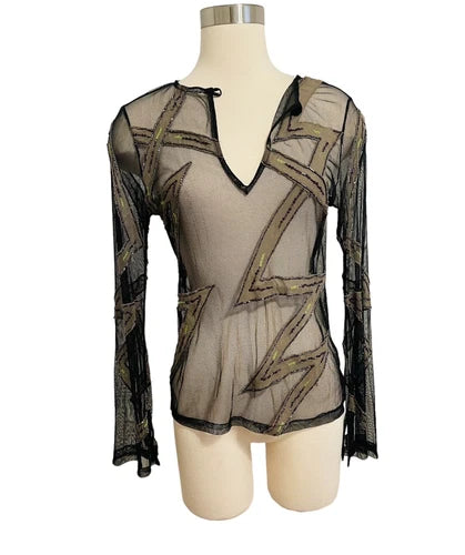 Antik Batik Black Mesh Sequin Tunic Top Sz Med