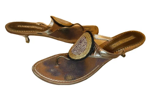 Claudio Merazzi Crystal Metallic Thong Kitten Heel Sandal Sz 39